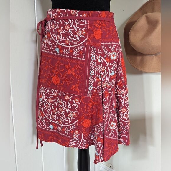 Anthropologie Red White Embroidered Wrap Tie Waist Skirt 6 Coastal Cowgirl - Picture 3 of 13